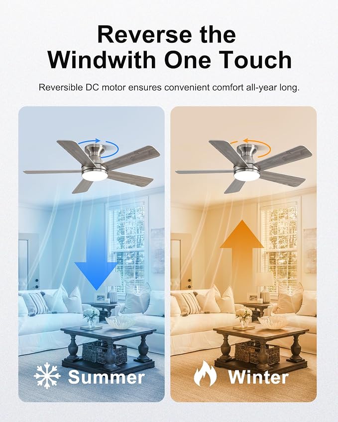 42 Inch Ceiling Fans with Lights, Smart Ceiling Fan with Alexa Google App, Nickel Ceiling Fan with RGB Lights Remote, 6 Speeds Reversible DC Motor, Modern Flush Mount for Bedroom Living Room