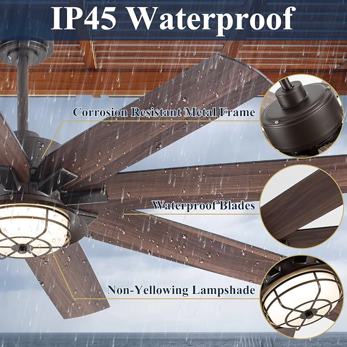 NORFOLK Outdoor Ceiling Fans with Lights and Remote, Waterproof 60 Inch Ceiling Fan with 3 Color LED Light for Patios, Gazebos, and Indoor, Wet Rated Farmhouse Modern Style