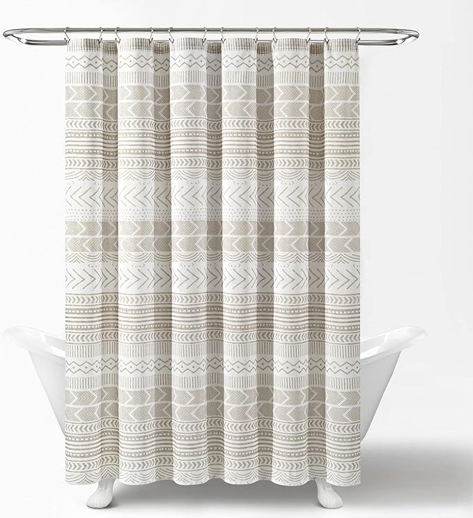 Lush Decor Hygge Geo Shower Curtain, 72" W x 72" L, Taupe/White - Curtain For Bathroom - Striped Bathroom Decor - Netural Color Home Accessories - White Home Accessories - Geometric Scandinavian Print