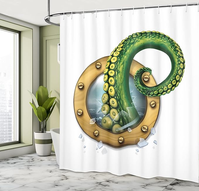 Ambesonne Octopus Shower Curtain, Ship Porthole Tentacles, Cloth Fabric Bathroom Decor Set with Hooks, 69" W x 70" L, Fern Brown
