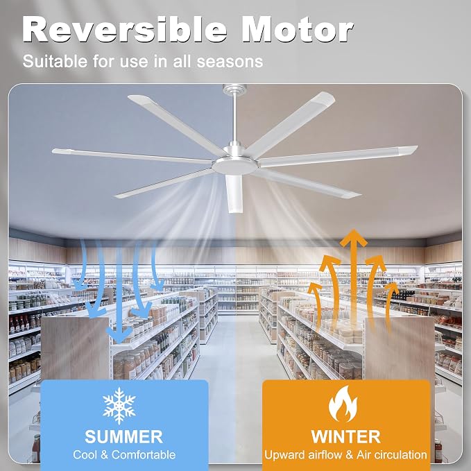 Ohniyou 84'' Industrial Ceiling Fan Without Light for Shop, Garage, Silver | 11000 CFM Airflow, 7 Aluminum Blades, Remote/APP Control, 6 Speeds, Reverse Mode, Large Commercial Metal Fan for Gym