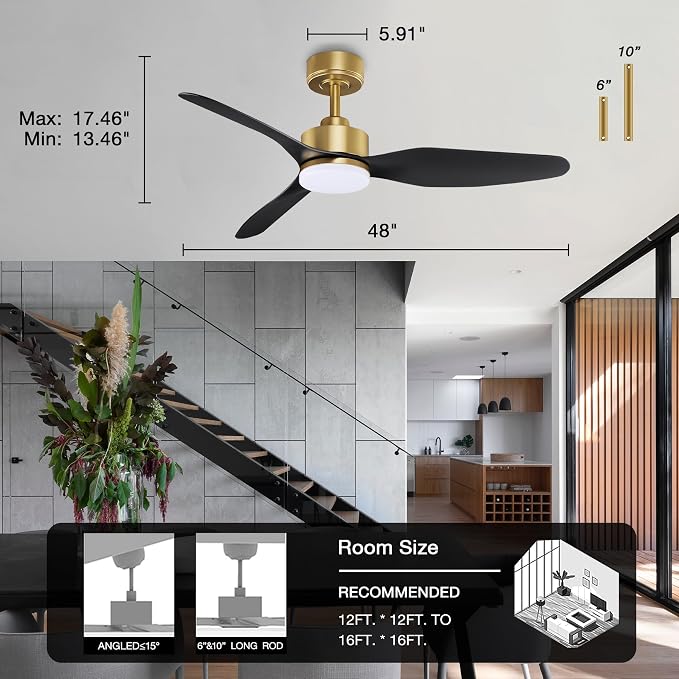 Hoenofly 48 Inch Smart Ceiling Fans with LED Lights Remote,Quiet DC Motor,Dimmable,Outdoor Indoor Gold Black Ceiling Fan Controlled by WIFI Alexa App,for Modern Bedroom Living Room Patio Porch