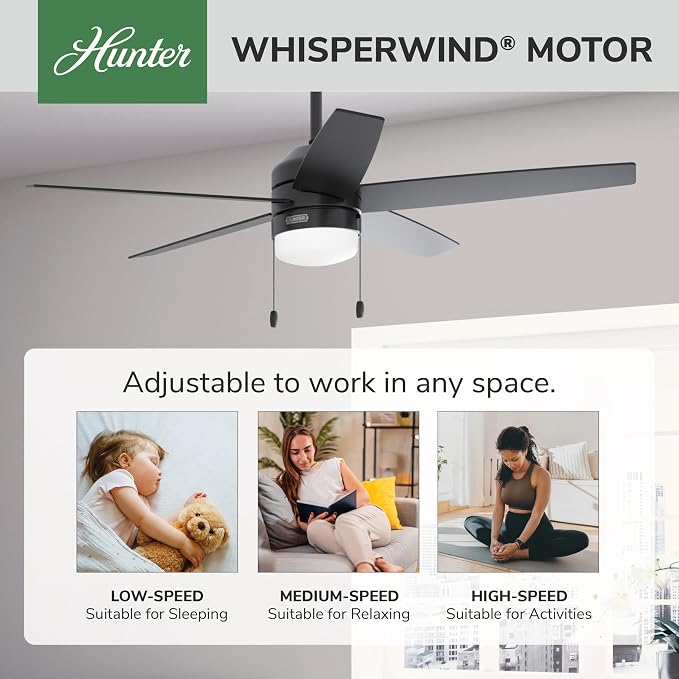 Hunter Bardot, Indoor, Ceiling Fan, Modern, 5 Blades, 52 inch, Matte Black | with LED Light and Pull Chain, Standard Mount, For Bedroom, Living Room, Kitchen, 52491