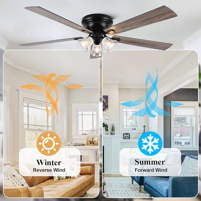 Dawn Whisper 60 Inch Farmhouse Flush Mount Ceiling Fans with 3 Lights Bulbs Base Vintage Low Profile Ceiling Fan for Living Room Bedroom