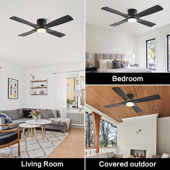 WINGBO 48 Inch Flush Mount DC Ceiling Fan with Lights and Remote, 4 Reversible Carved Wood Blades, 6-Speed Noiseless DC Motor, Hugger Ceiling Fan in Black Finish, Low Profile Ceiling Fans, ETL Listed