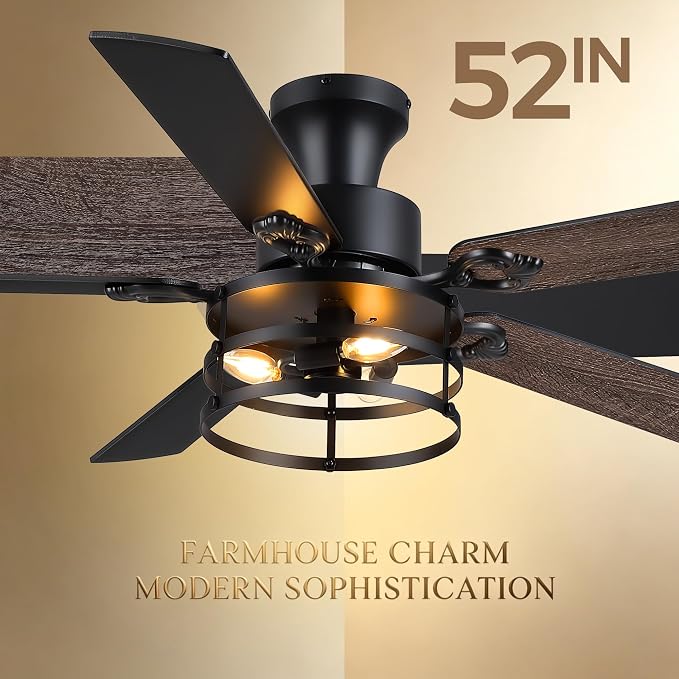 JSAITEE 52" Farmhouse Flush Mount Ceiling Fans with Lights, No Bulbs | Cage Fan Light with Dual-Sided Blades, 6 Speeds Reversible DC Motor, Rustic Low Profile Light for Bedroom, Living Room