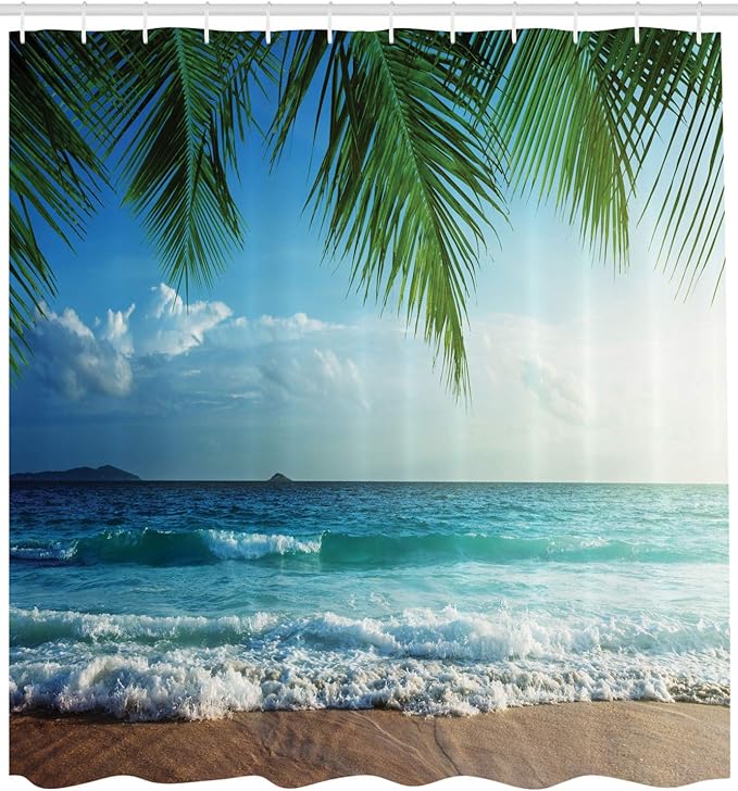 Ambesonne Ocean Shower Curtain, Palms Tropical Island Summer Beach Foamy Sea Water Maldives Idyllic Photography, Cloth Fabric Bathroom Decor Set with Hooks, 69" W x 84" L, Blue Green