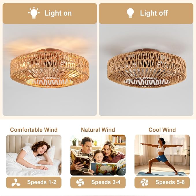 Depuley Boho Ceiling Fan with Light: 20 Inch Textured Rope Flush Mount Fandelier with Remote and Timer Control - Walnut Caged Ceiling Fan with 6 Speeds - Indoor Quiet Fan for Bedroom and Living Room