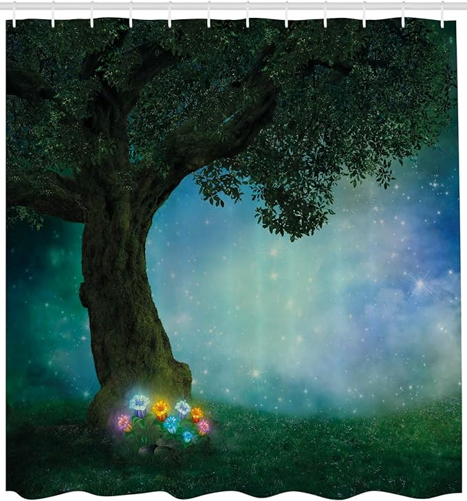 Ambesonne Forest Shower Curtain, Little Red Riding Hood Woodland at Night Flowers and Stars Image Print, Cloth Fabric Bathroom Decor Set with Hooks, 69" W x 84" L, Multicolor Forest Green