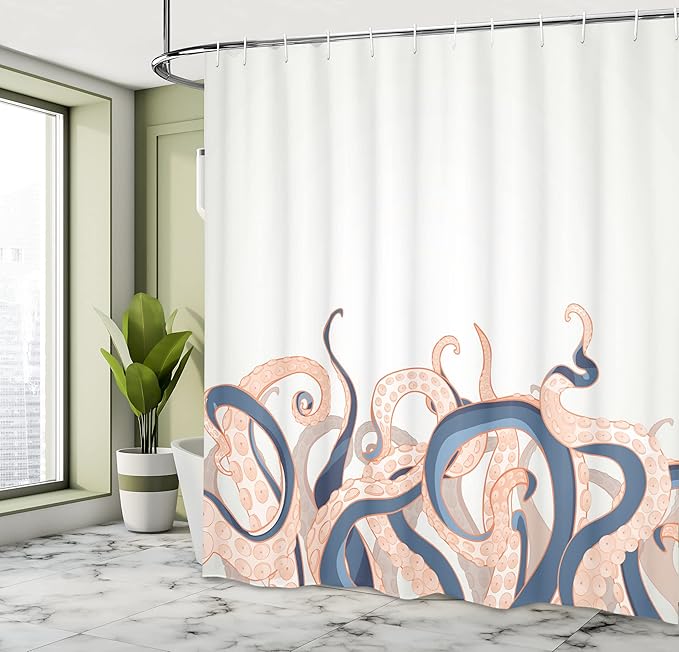 Ambesonne Octopus Shower Curtain, Animal Tentacles Background Underwater Marine Nature and Sea Creatures Nautical, Cloth Fabric Bathroom Decor Set with Hooks, 69" W x 75" L, Azure Blue