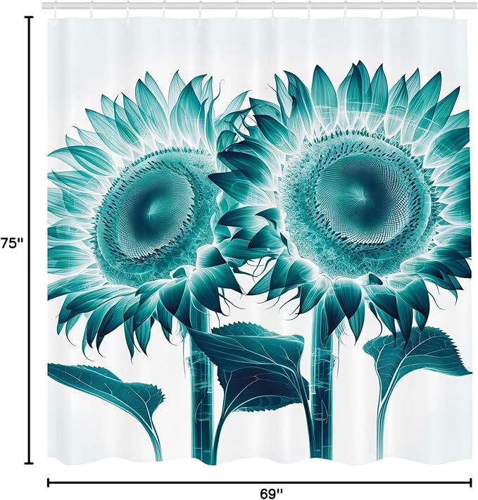 Ambesonne Teal Shower Curtain, Futurist Sunflowers Illustration with Dreamy Cyberworld Colors Fantasy, Cloth Fabric Bathroom Decor Set with Hooks, 69" W x 75" L, Seafoam Petrol Blue White