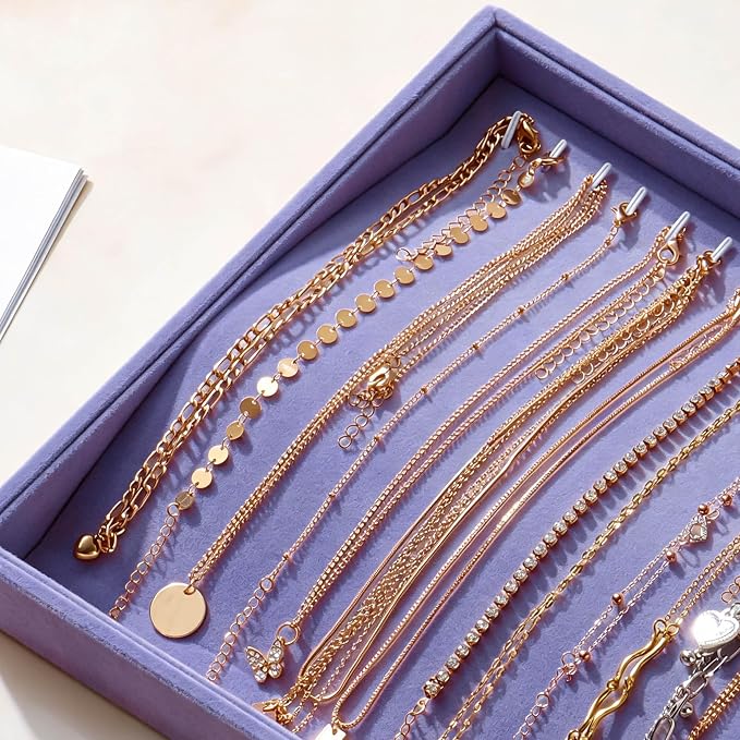 Large Velvet Jewelry Tray 2 Pack Stackable Jewelry Display Drawer Inserts Trays Organizer for Earring Bracelet Necklace Ring (Purple, 20 Hooks)