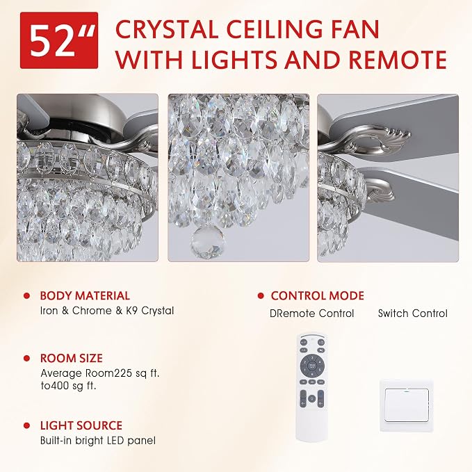 GJeg Crystal Ceiling Fan Fandelier with Lights-Ceiling Fans with Remote Control,Modern Ceiling Fan with Noiseless DC Reversible Motor,Dining Room,Living Room(52" Nickel)