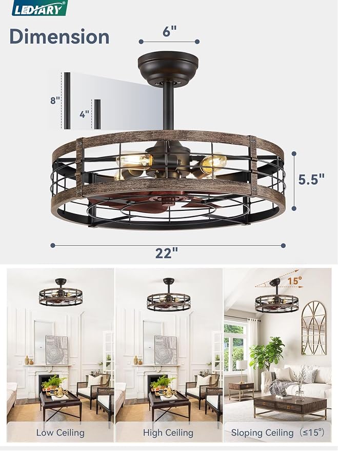 LEDIARY 22 Inch Caged Ceiling Fan with Light, Fandelier Farmhouse Ceiling Fan with Remote, Small Bladeless Fan Lights Ceiling Fixtures for Kitchen, Bedroom, Outdoor-Black and Gold