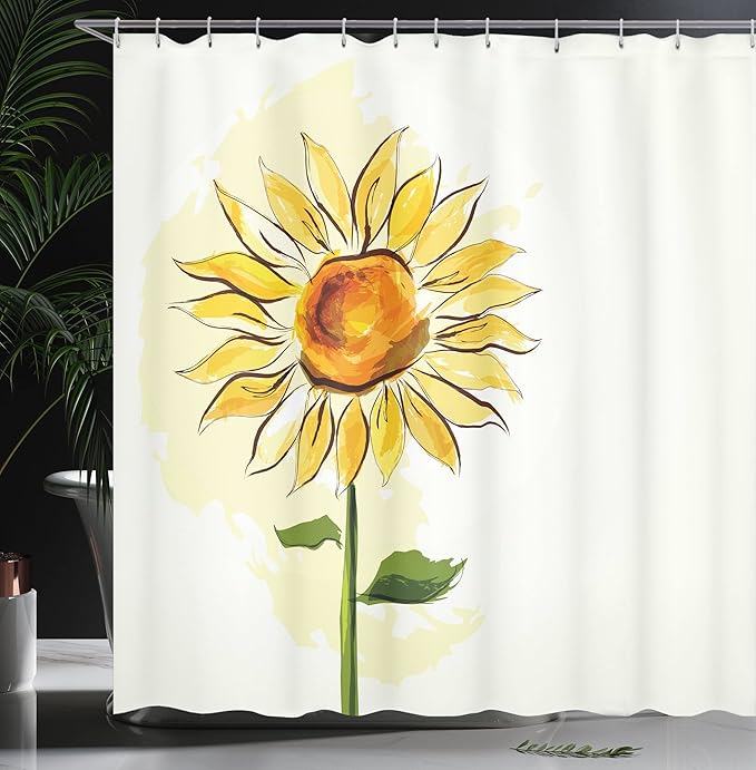 Ambesonne Flower Shower Curtain, Summer Sunflower in Watercolor Soft Pastel Toned Large Petals Artwork, Cloth Fabric Bathroom Decor Set with Hooks, 69" W x 75" L, Yellow Fern