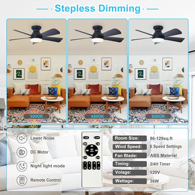 Depuley Modern Ceiling Fan with Light: 35-Inch Black Small Fans for Bedroom Indoor Outdoor - Dimmable Low Profile Ceiling Fans with Remote Control Flush Mount 5 Reversible Black Blades 6 Speeds Timer