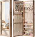 Nicetree 6 LEDs Jewelry Armoire, Hanging Mirror Jewelry Cabinet, Oak | Lockable Mirror with Jewelry Storage, Over the Door Jewelry Organizer, Gift Idea, Easy Assembly, Auto-on Light