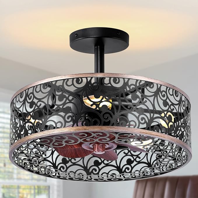 REDSTAR Ceiling Fans with Lights-Small Farmhouse Ceiling Fan with Light and Remote, Industrial Caged Ceiling Fan Light for Living Room, Bedroom, Kitchen
