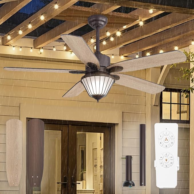 52 Inch Outdoor Ceiling Fans with Lights for Patios, IP65 Waterproof, Remote Control, 6-Speeds, Reversible DC Motor, Wet-rated Gazebo Ceiling Fan for Porch Pavilion Farmhouse (Oil-Bronze)