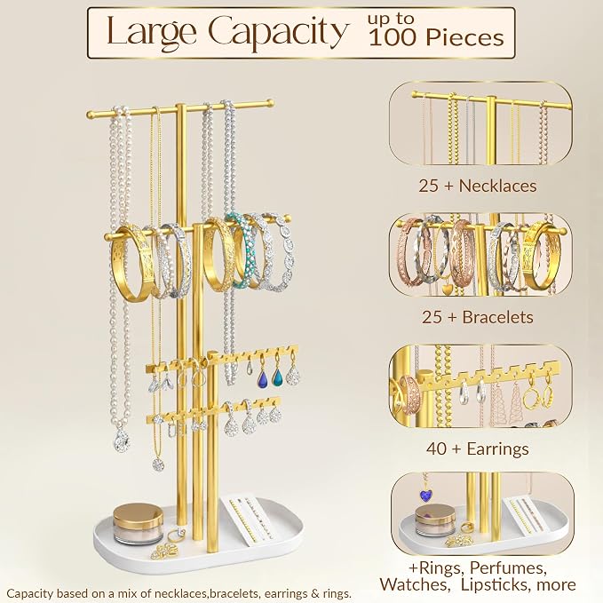 Jewelry Tower Stand Organizer for Women - Elegant Jewelry Holder Display with Necklace Holder, Earring Organizer & Bracelet Rack - Tabletop Jewelry Stand for Dresser, Vanity, Desk