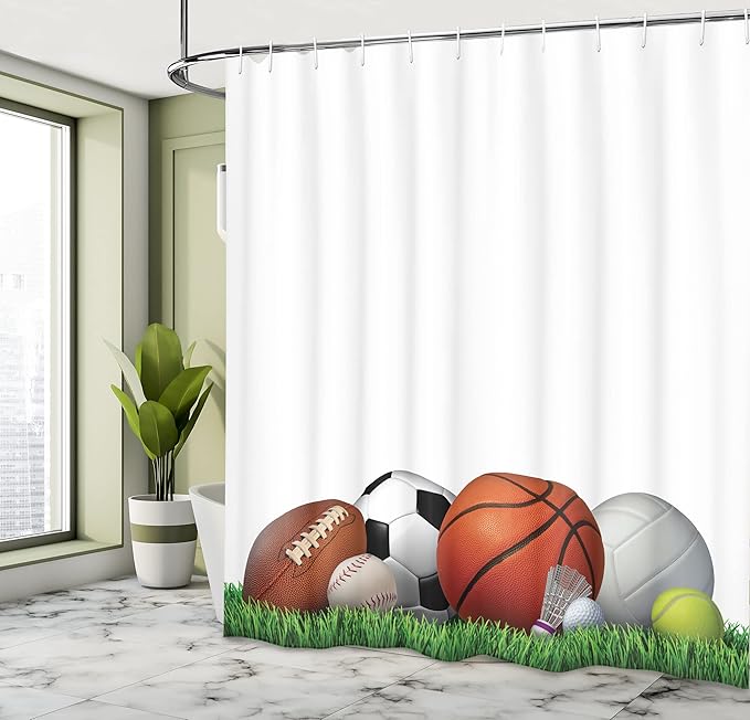 Ambesonne Sports Shower Curtain, Sports Equipment on The Grass Summertime Outdoor Activities Fitness Exercise Theme, Cloth Fabric Bathroom Decor Set with Hooks, 69" W x 70" L, Burnt Sienna