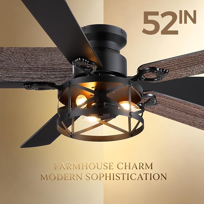 JSAITEE 52in Flush Mount Farmhouse Ceiling Fan with Lights, Caged | Low Profile Fan Light with E12 Base(Bulbs Not Included), 6 Speeds Adjustable&Timer, Rustic Lighting Fan for Indoor/Outdoor