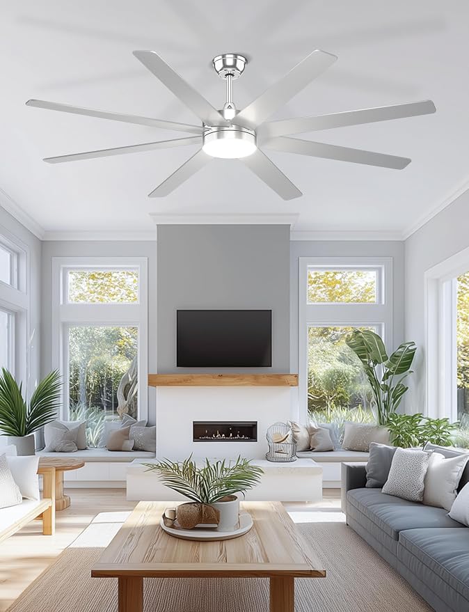 72'' Silver Large Ceiling Fan with Light for Indoor/Covered Outdoor | Remote/APP Control, 3CCT Dimmable, Quiet DC Motor, Reversible Airflow, 8 Blades Modern Big Overhead Fan for Patio Living Room