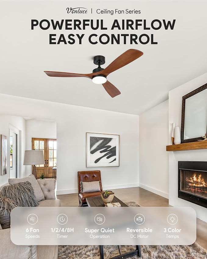 VONLUCE Wood Ceiling Fan with Lights, 52 Inch Ceiling Fans and Remote, 6 Speed Reversible Noiseless DC Motor, 3CCT, Solid Wood Outdoor Ceilings Fan for Patios Farmhouse, Walnut