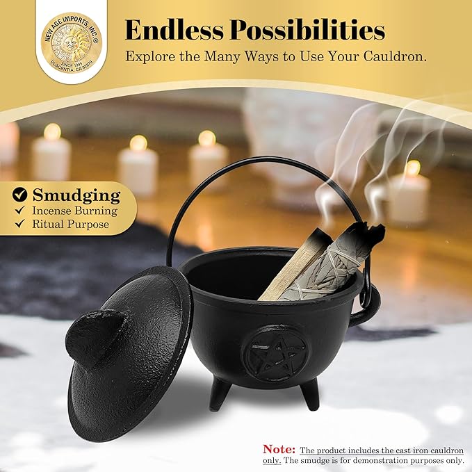 New Age Imports, Inc. Pentagram Cast Iron Cauldron w/Handle & lid, Ideal for smudging, Incense Burning, Ritual Purpose, Decoration, Halloween Decoration, Candle Holder, etc. (Pentagram - BR95)