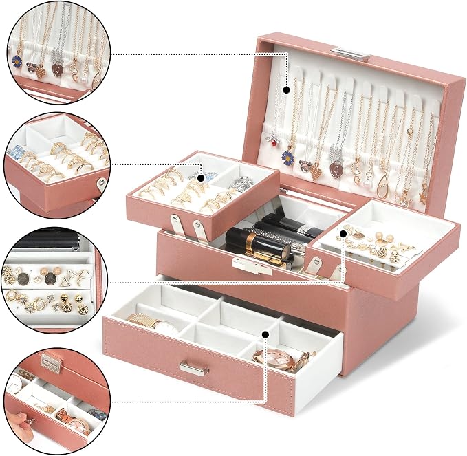 Dajasan Jewelry Organizer Box, Large Jewelry Boxes for Women Girls, Space-Saving 3 Layers Jewelry Storage Case with Drawer, Movable Metal Stand, Modern, Gift Idea (Champagne)