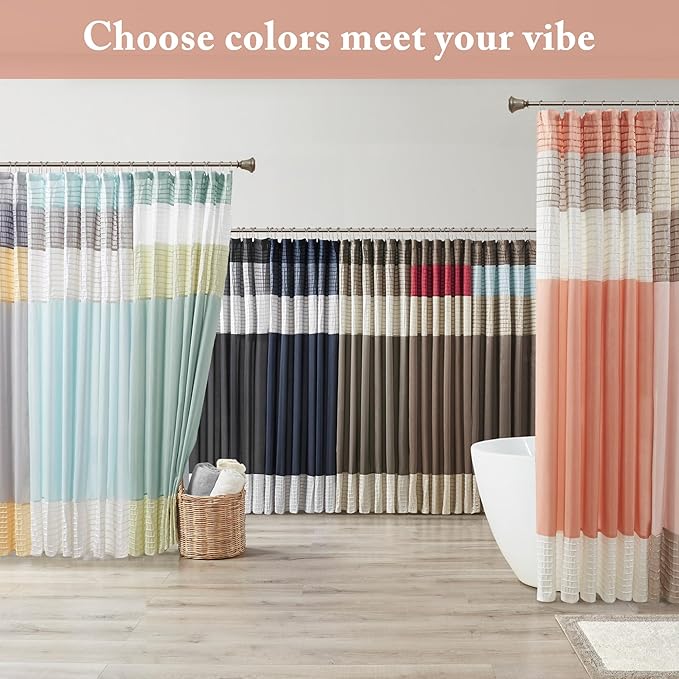 Madison Park Amherst Bathroom Shower Curtain Faux Silk Pieced Striped Modern Microfiber Bath Curtains, 72x84 Inches, Coral