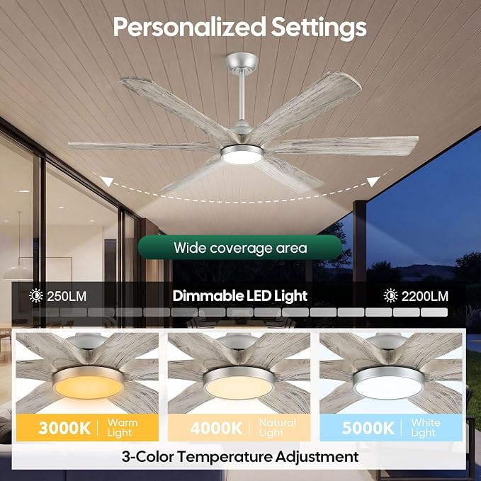 60 Inch Smart Outdoor Ceiling Fan with Light, Remote/Alexa/App Control, ETL Listed Quiet DC Motor, 8268 CFM High Airflow, 6 Modern Solid Wood Blades, for Indoor Living Room Bedroom, Covered Patio