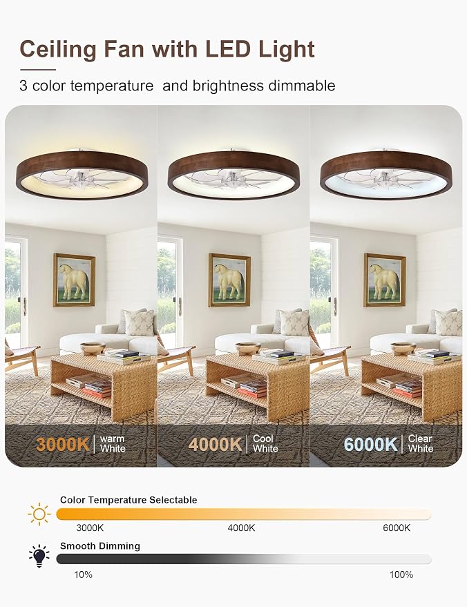 24'' Ceiling Fan with Light Fandelier Flush Mount Low Profile Wood Ceiling Fan with Dimmable LED Light 3 Color 6 Speeds