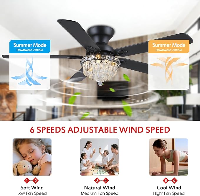 GJeg Crystal Ceiling Fan Fandelier with Lights-Ceiling Fans with Remote Control,Modern Ceiling Fan with Noiseless DC Reversible Motor,Dining Room,Living Room(52" Black)