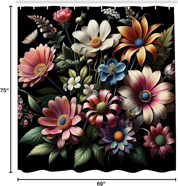 Ambesonne Boho Floral Shower Curtain, Romantic Night Theme Whimsical Flowers Arrangement on Black Background, Cloth Fabric Bathroom Decor Set with Hooks, 69" W x 75" L, Evergreen Pink Blue