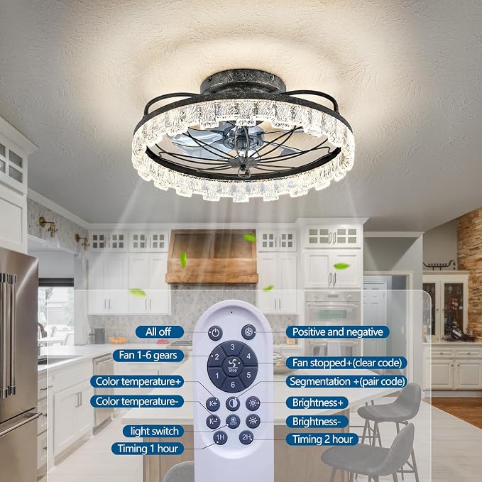 Dalouguan Rustic Black Ceiling Fan with Light, Farmhouse Flower Caged Ceiling Fan with Remote, LED Low Profile Ceiling Light for Bedroom Kitchen Living Room
