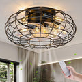 Ceiling Fan with Lights, 18 Inch Caged Ceiling Fan Lights Remote Control Small Industrial Ceiling Fan Light Fixture Flush Mount Farmhouse Light 8 Speeds Bladeless Lights for Bedroom Kitchen