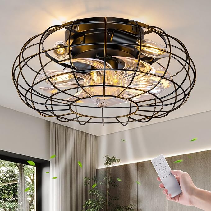 Ceiling Fan with Lights, 18 Inch Caged Ceiling Fan Lights Remote Control Small Industrial Ceiling Fan Light Fixture Flush Mount Farmhouse Light 8 Speeds Bladeless Lights for Bedroom Kitchen