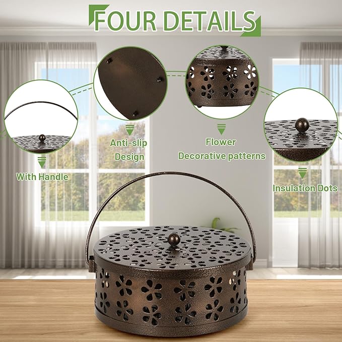 Portable Iron Mosquito Coil Holder with Handle Round Heat-Resistant Incense Holder (Bronze+Black)