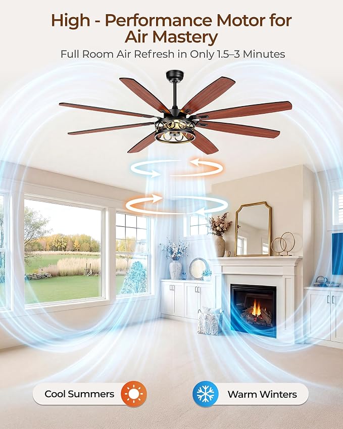 Ceiling Fans with Lights and Remote, 72'' Vintage Caged Ceiling Fan with Light, 8 Blades, 6+1 Speed, Flush Mount Ceiling Fan Whisper-quiet for Farmhouse, Living Room, Kitchen and Porch (72 Inch)