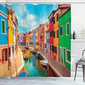 Ambesonne Venice Shower Curtain, Colorful Buildings and Water Canal with Boats Burano Island in The Venetian Lagoon, Cloth Fabric Bathroom Decor Set with Hooks, 69" W x 75" L, Blue Multicolor