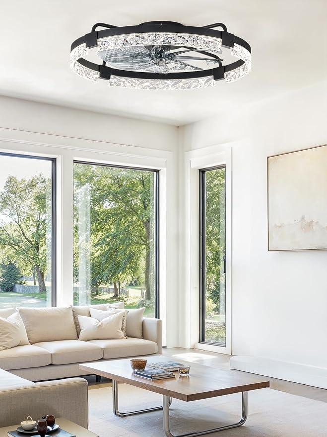 ZMISHIBO 24 Inch Flush Mount Ceiling Fan with Light and Remote, Modern Bladeless Ceiling Fan, Low Profile Enclosed Ceiling Fan for Bedroom Kids Room, 6 Speeds DC Motor, 3CCT Dimmable