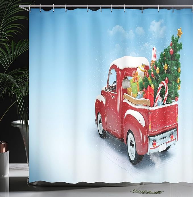 Ambesonne Christmas Shower Curtain, Classical Pickup Truck Tree Gifts and Ornaments Snowy Winter Day Image Print, Cloth Fabric Bathroom Decor Set with Hooks, 69" W x 84" L, Red Blue