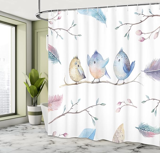 Ambesonne Animal Shower Curtain, Hand Drawn Birds Sitting on Branch Cartoon in Boho Style Watercolors Leaves Feathers, Cloth Fabric Bathroom Decor Set with Hooks, 69" W x 75" L, Blue White