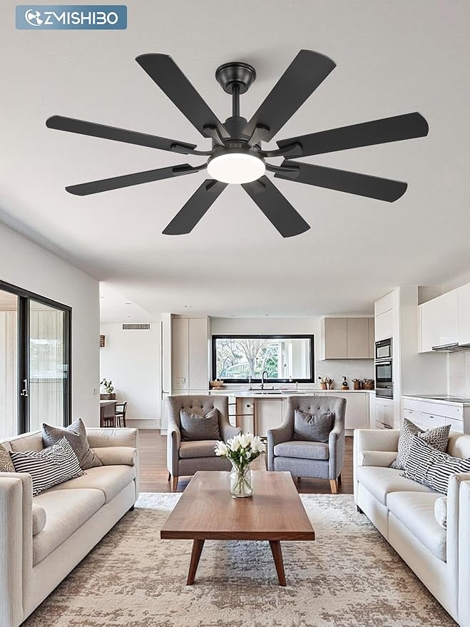 ZMISHIBO 52 inch Ceiling Fan with Light and Remote, 8 Blades Ceiling Fans with 20W LED Light, Quiet DC Motor, 6 Speeds, Stepless Color Temperature Change & Dimmable, for Bedroom Living Room, Black