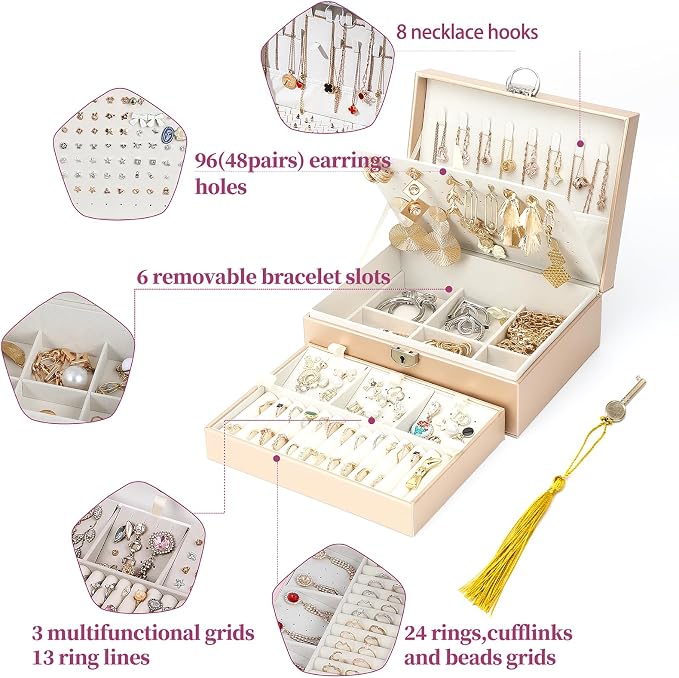 BOOVO Large Jewelry Boxes For Women (Champagne, 4 layer) | 4 Layers Jewelry Organizer Box With Cosmetic Storage Drawer, Necklace Ring Jewelry Organizer Box