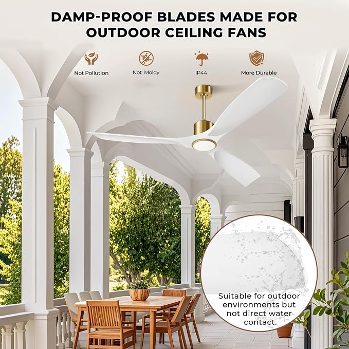 Ceiling Fans with Lights, Ceiling Fans with Lights and Remote Control, 52 inch Modern Smart White and Gold Ceiling Fan, Outdoor Ceiling Fans for Patios 3 Blade Bedroom Farmhouse（White）