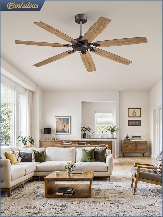 62 Inch Ceiling Fan No Light with Remote Control, Brown Ceiling Fans Without Light With 6-Speeds Quiet Reversible DC Motor, Indoor/Outdoor Ceiling Fan with Dual Finish 7 Blades for Patio Living Room