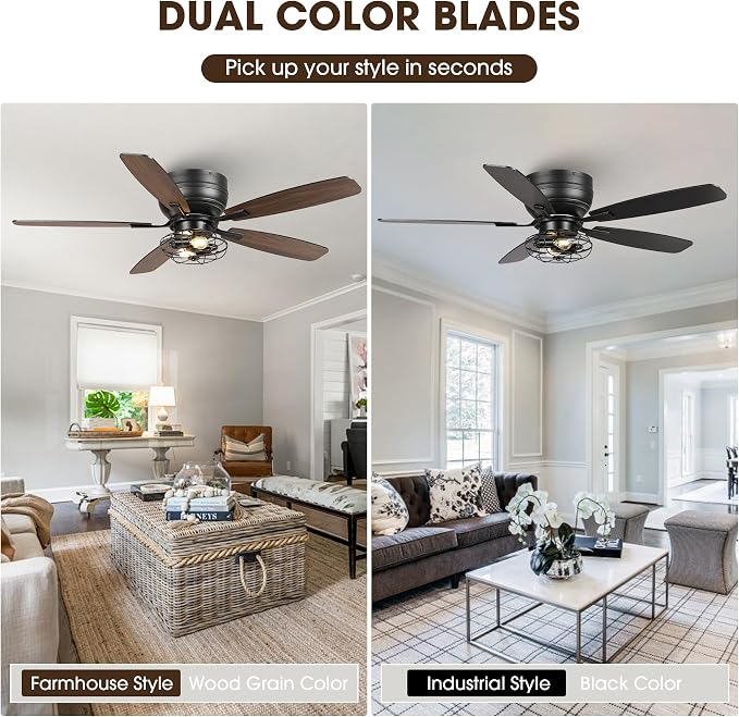 48" Flush Mount Farmhouse Ceiling Fans with Lights and Remote, 6-Speed Quiet Reversible Motor, Timing Function Low Profile Ceiling Fan for Bedroom Living Room Patio
