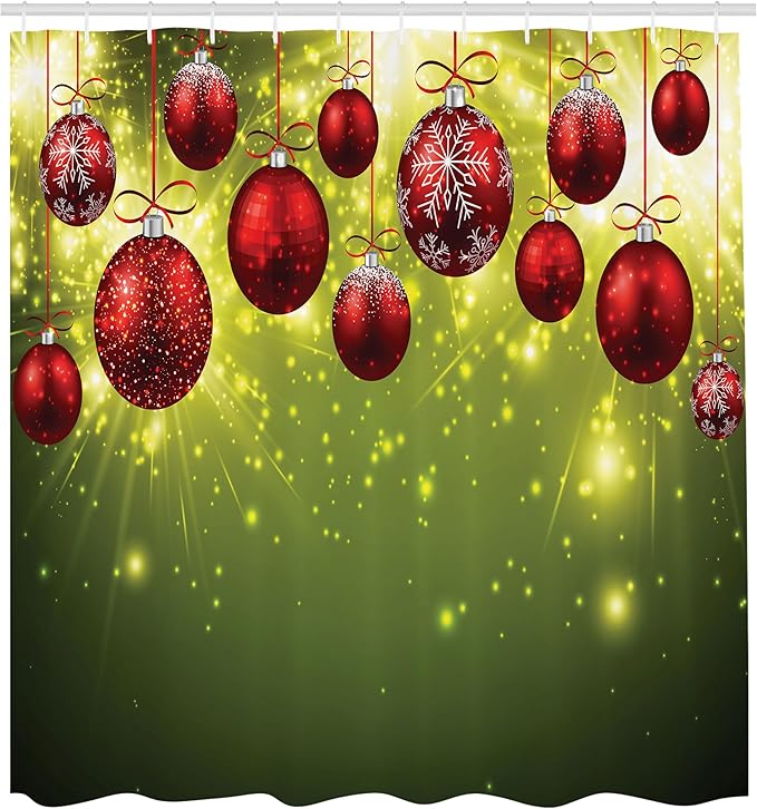 Ambesonne Christmas Shower Curtain, Vibrant Colored New Year Design with Psychedelic Digital Effects and Baubles Print, Cloth Fabric Bathroom Decor Set with Hooks, 69" W x 70" L, Green Red